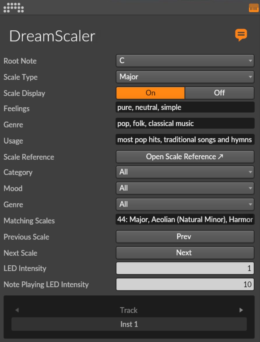 DreamScaler extension in Bitwig Studio showing root note and scale selection, scale display, category, mood and genre filters, and LED intensity controls.